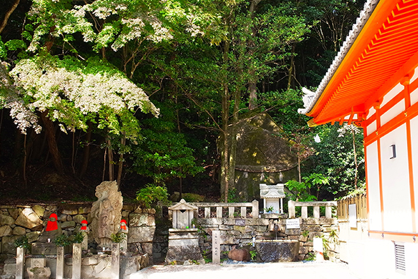 Fresh spring water flows out from beneath the Hakuchōishi stone